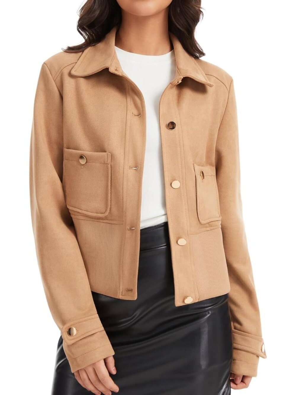 Women’s Khaki Faux Suede Button Down Pocket Lightweight Coat Cropped Jacket